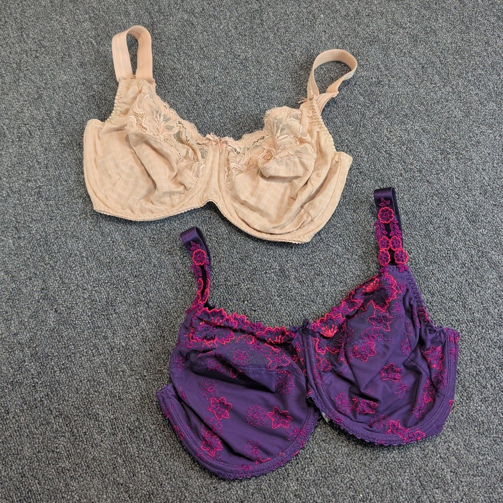 PrimaDonna Bras Lot 2 Size 34G Womens Purple Floral Lace Tan Checkered Underwire